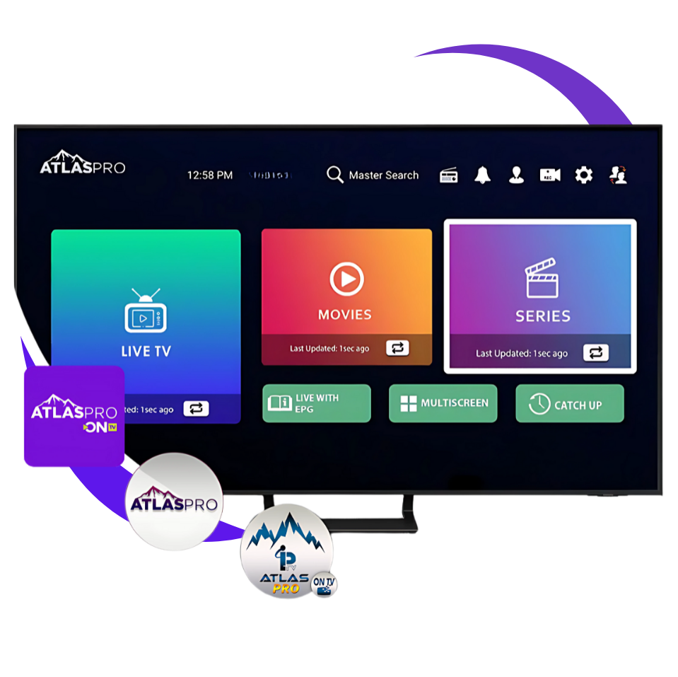Interface Atlas Pro ONTV sur Smart TV avec chaînes et VOD
